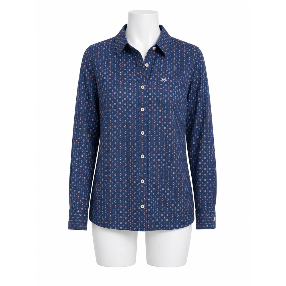 Ariat Western Cowgirl Ranchwear Fitted Button Shirt Blue Print Large Cotton